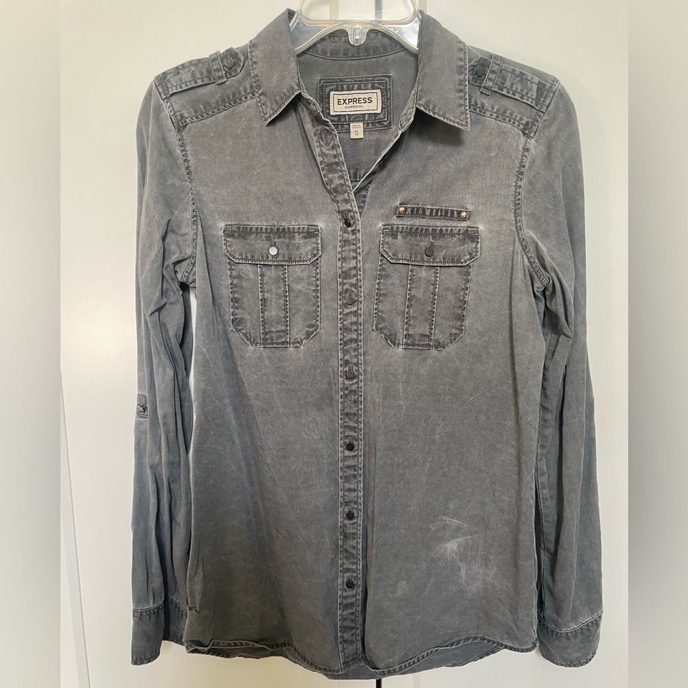 Express Women’s Stone Washed Charcoal Gray Button-Down Boyfriend Military Shirt